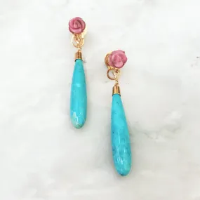 Carved Flower Rhodochrosite Studs with Amazonite Longdrop Twinset Earrings