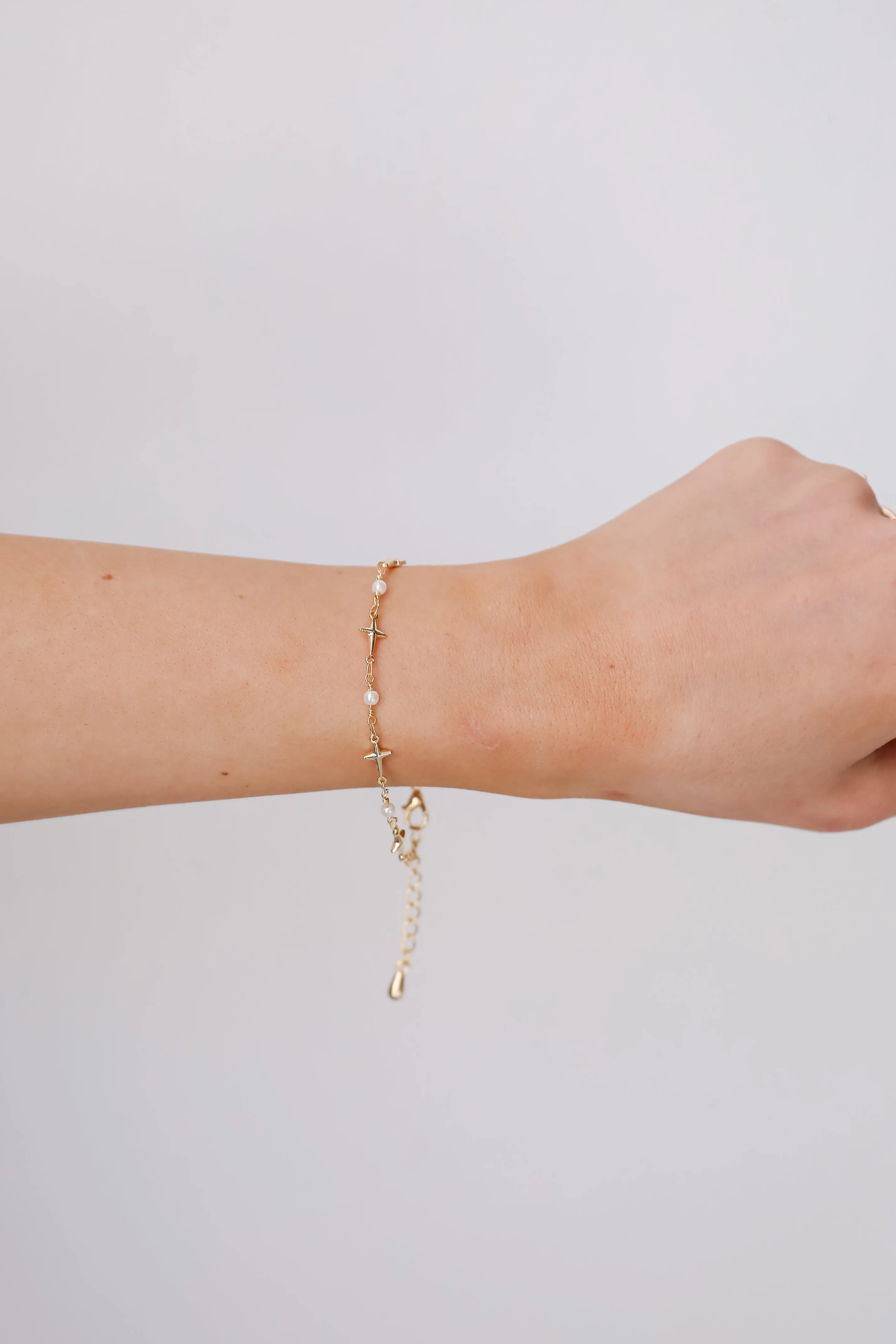 Charlotte Gold Cross   Pearl Chain Bracelet