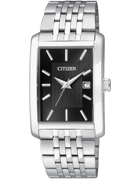 Citizen Quartz Mens Stainless Date Watch - Black Dial - Rectangular Case