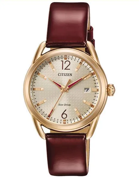 Citizen Womens DRIVE LTR - Rose Gold-Tone - Burgundy Leather Strap - Date