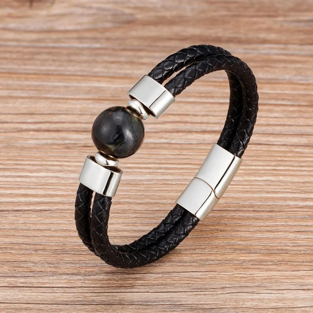 Classic Double Genuine Natural Round Tiger Eye Stone Leather Bracelet