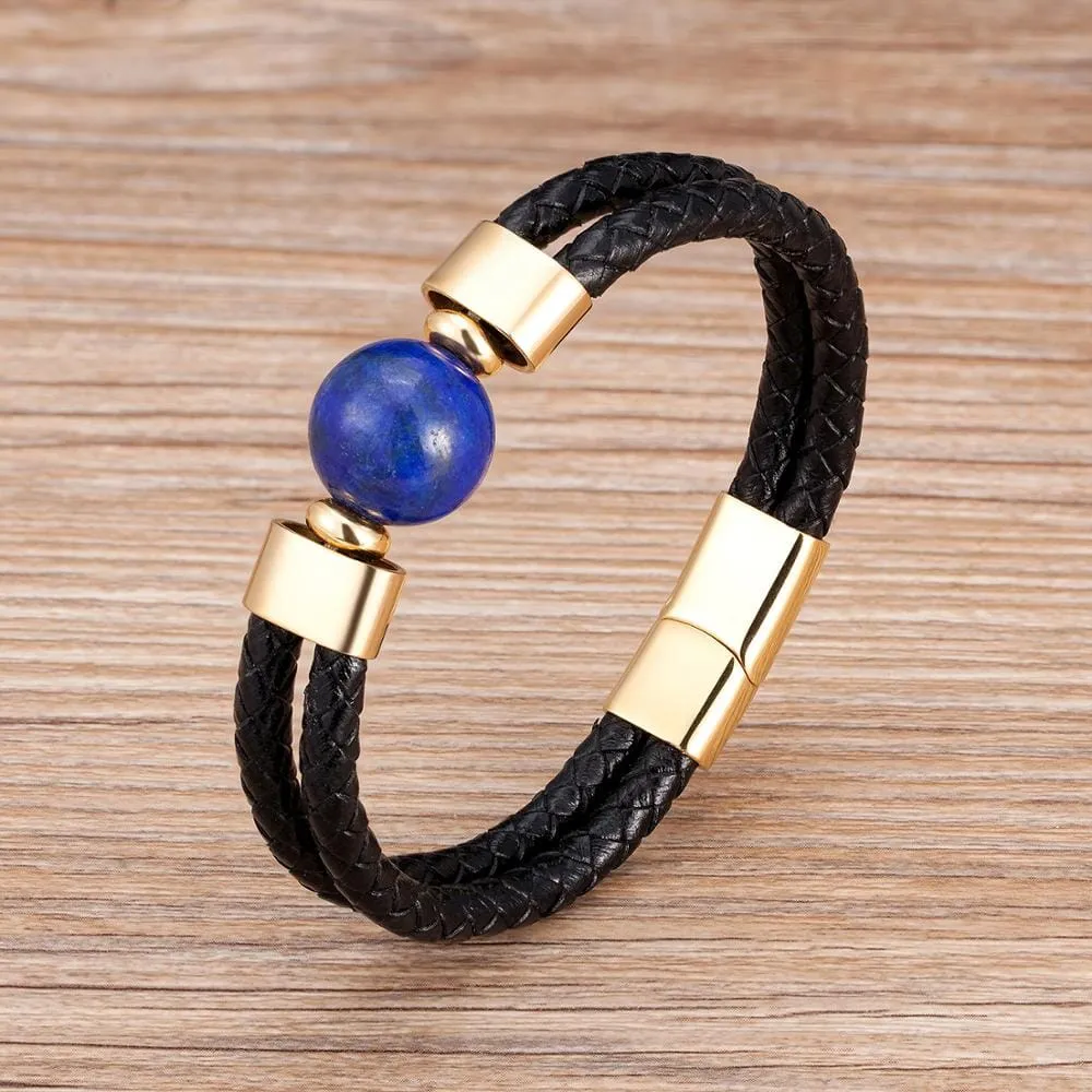 Classic Double Genuine Natural Round Tiger Eye Stone Leather Bracelet