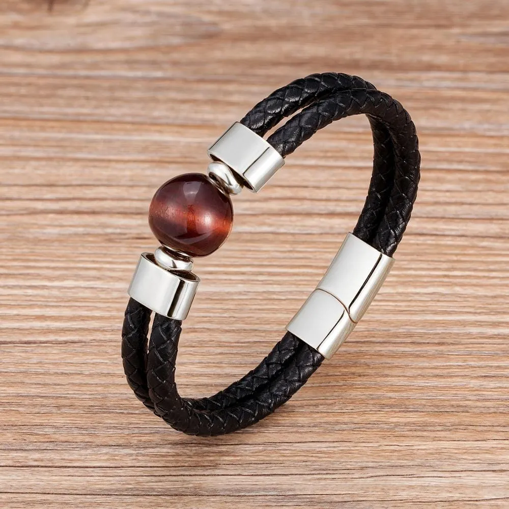 Classic Double Genuine Natural Round Tiger Eye Stone Leather Bracelet