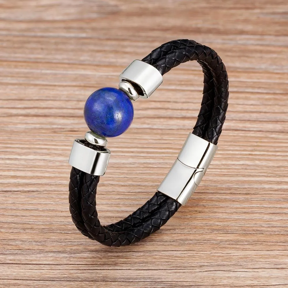 Classic Double Genuine Natural Round Tiger Eye Stone Leather Bracelet