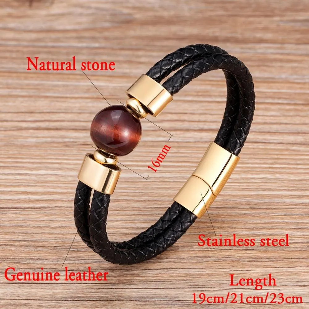 Classic Double Genuine Natural Round Tiger Eye Stone Leather Bracelet