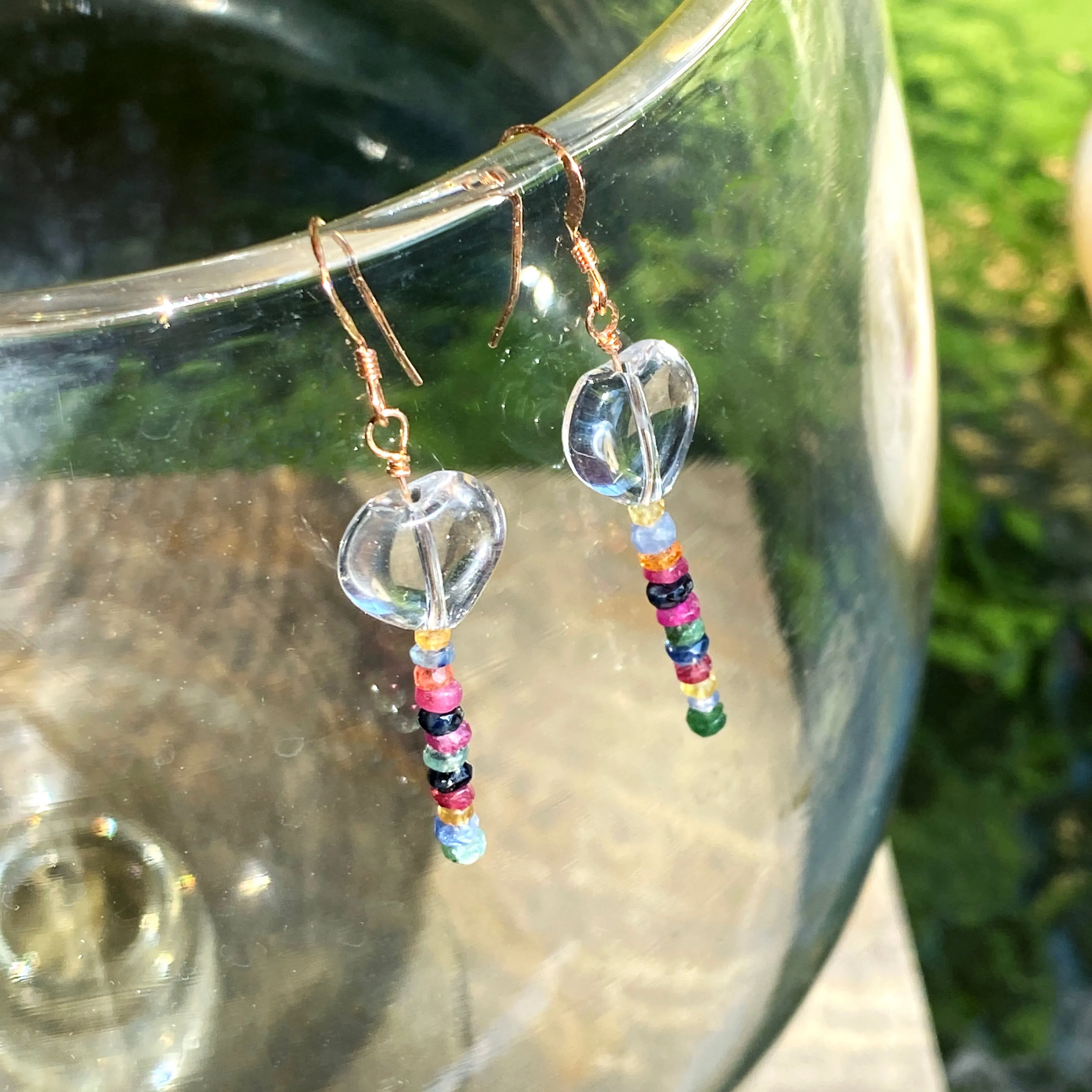 Clear Quartz hearts with precious stones Emeralds, Rubies, Sapphires drop earrings