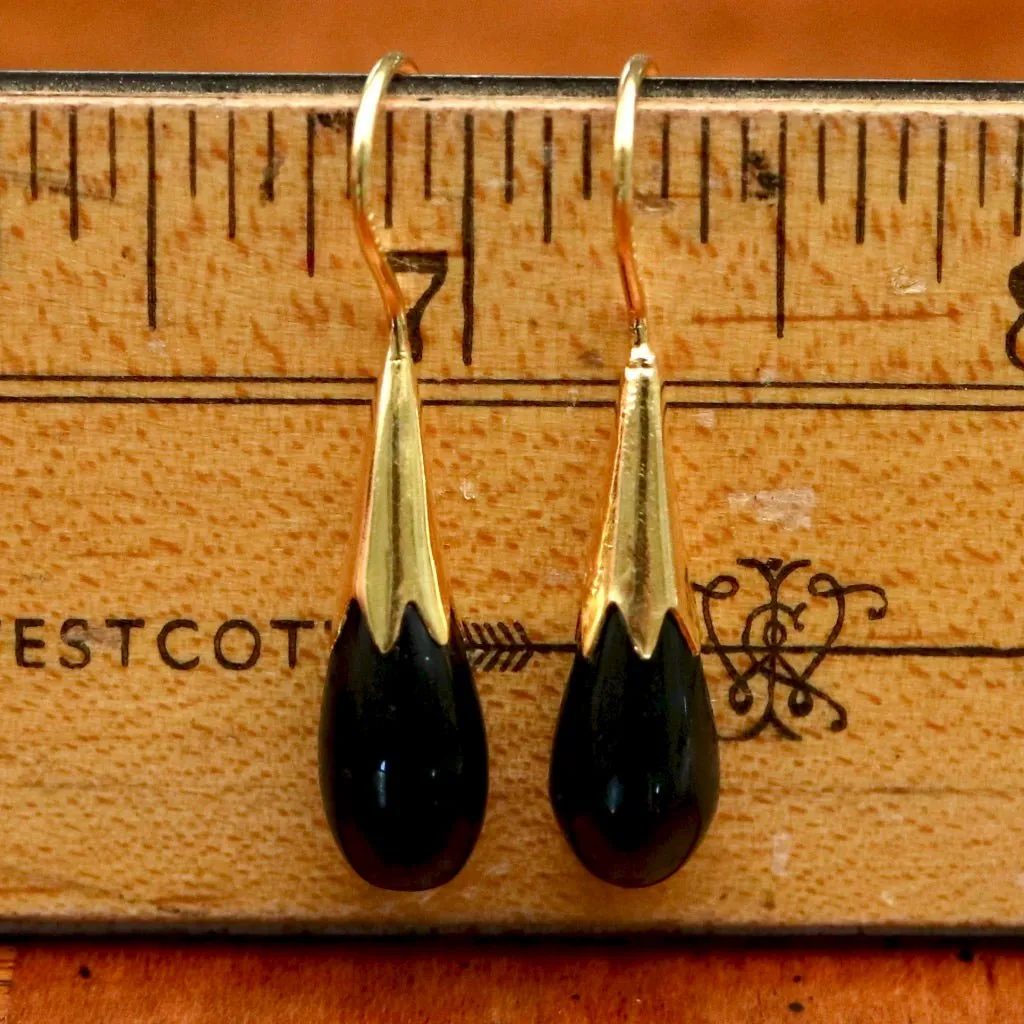 Cornflower Bud 14k Gold and Onyx Drop Earrings