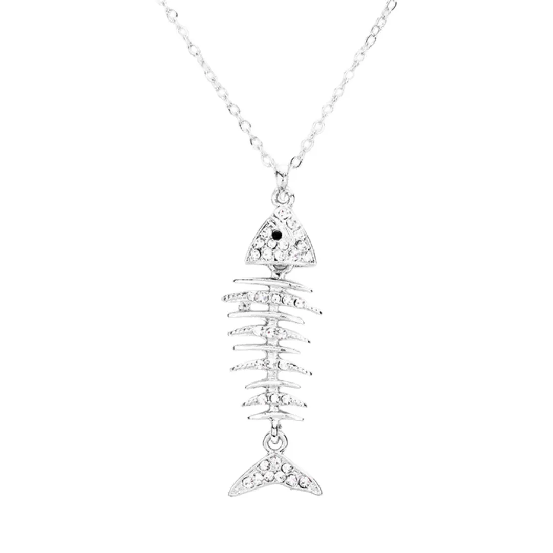 Crystal Pave Fishbone Pendant Necklace