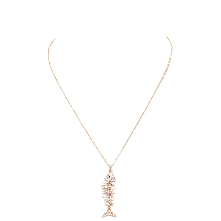 Crystal Pave Fishbone Pendant Necklace