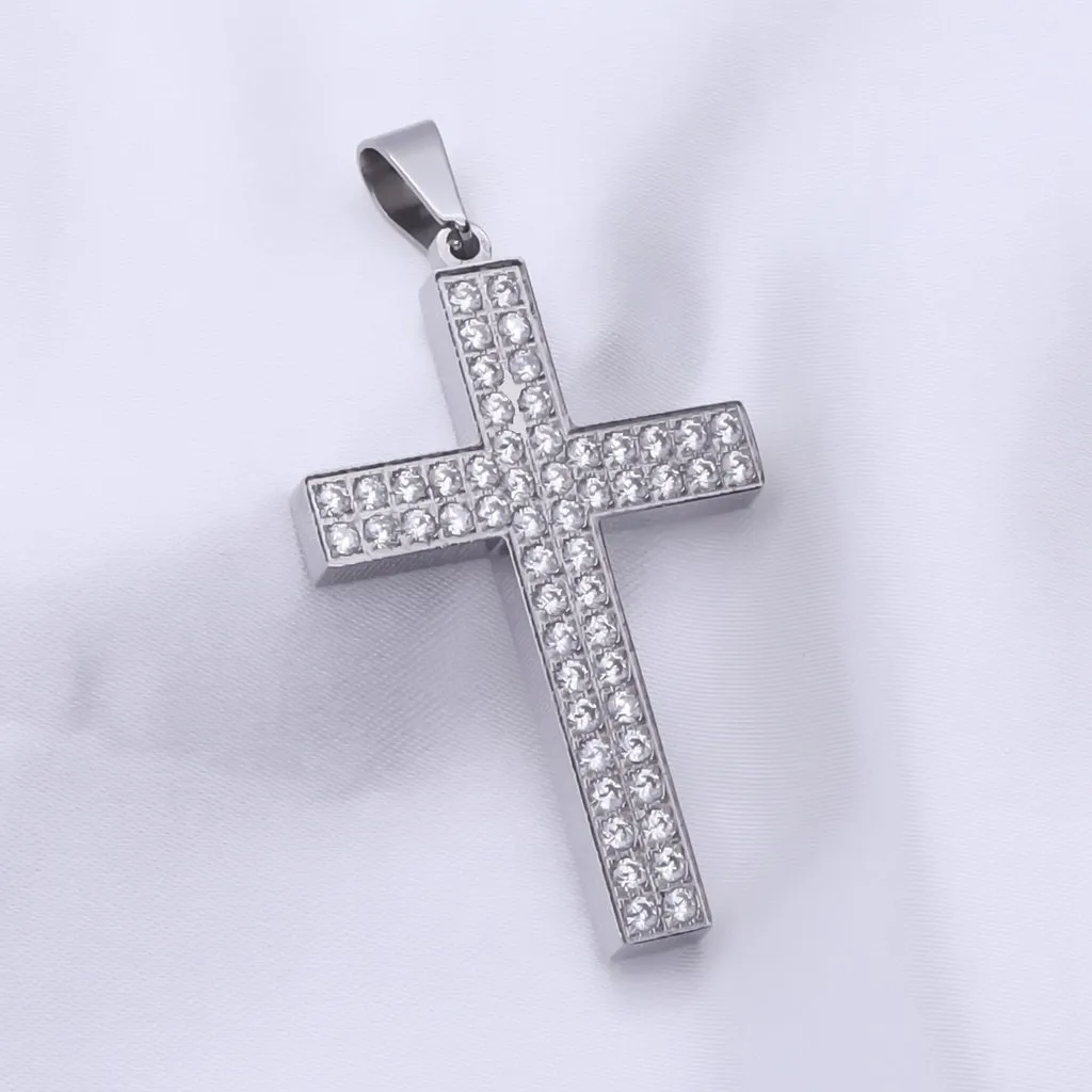 CZ Paved Stainless Steel Cross Pendant - Silver