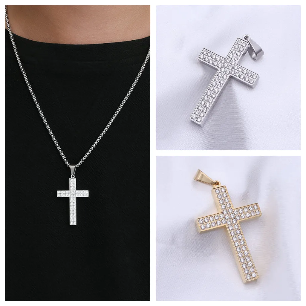 CZ Paved Stainless Steel Cross Pendant - Silver