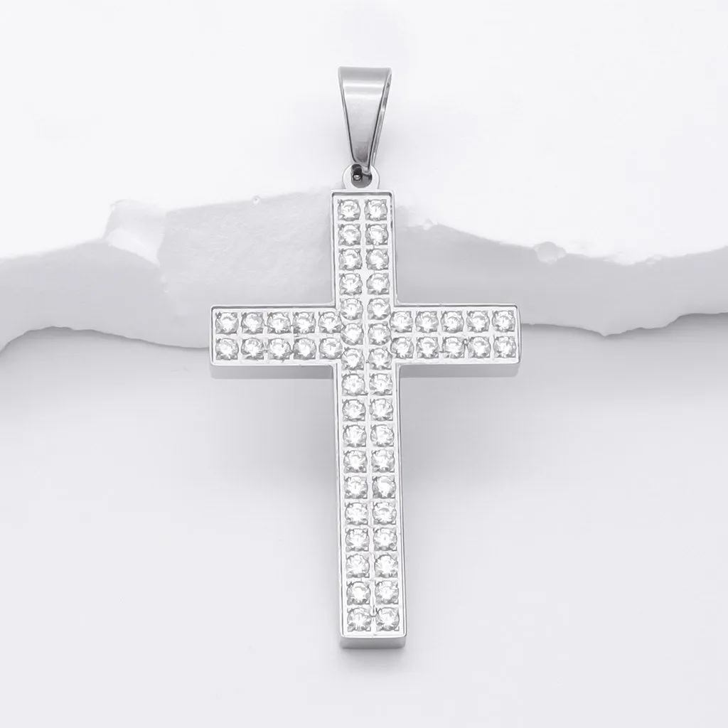 CZ Paved Stainless Steel Cross Pendant - Silver