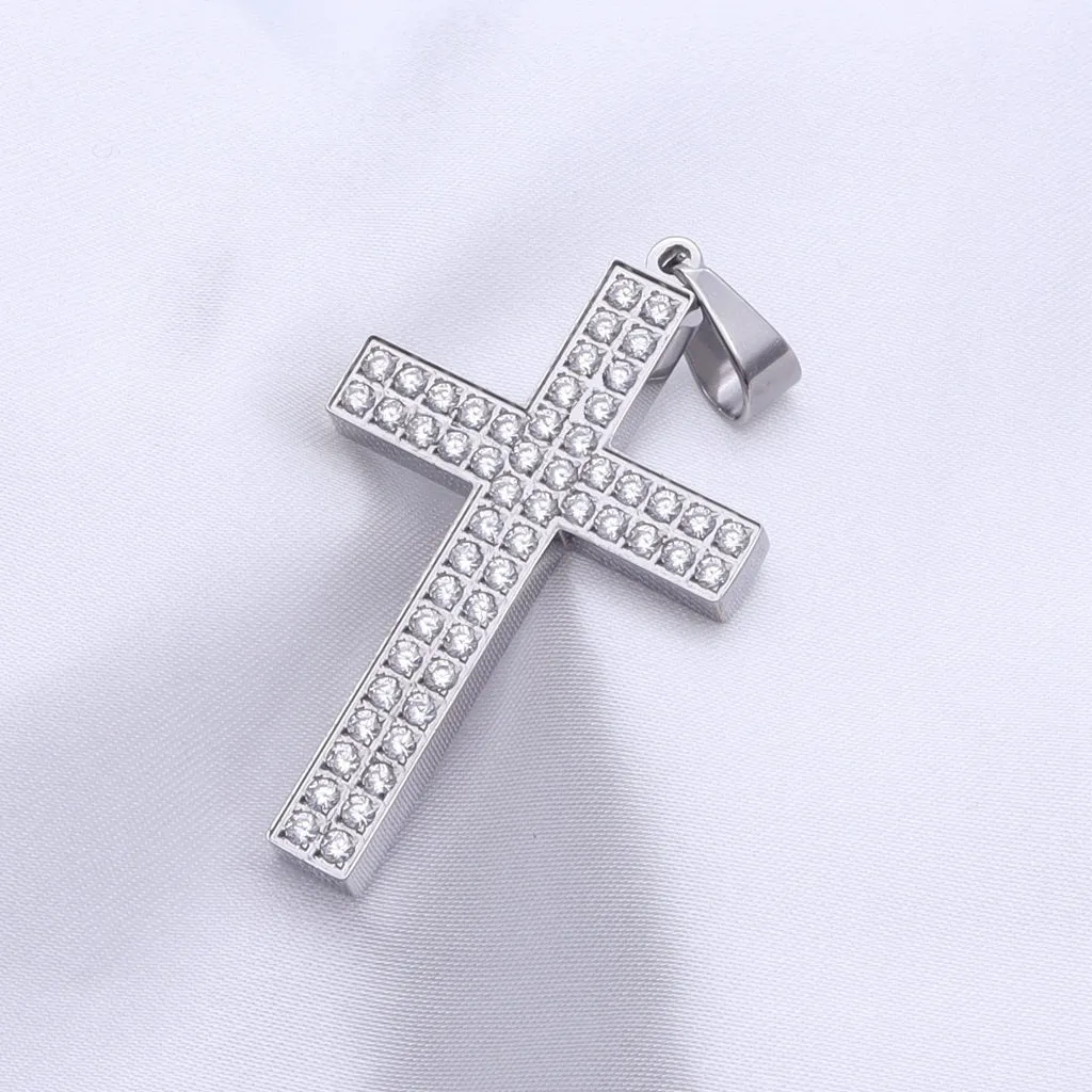 CZ Paved Stainless Steel Cross Pendant - Silver