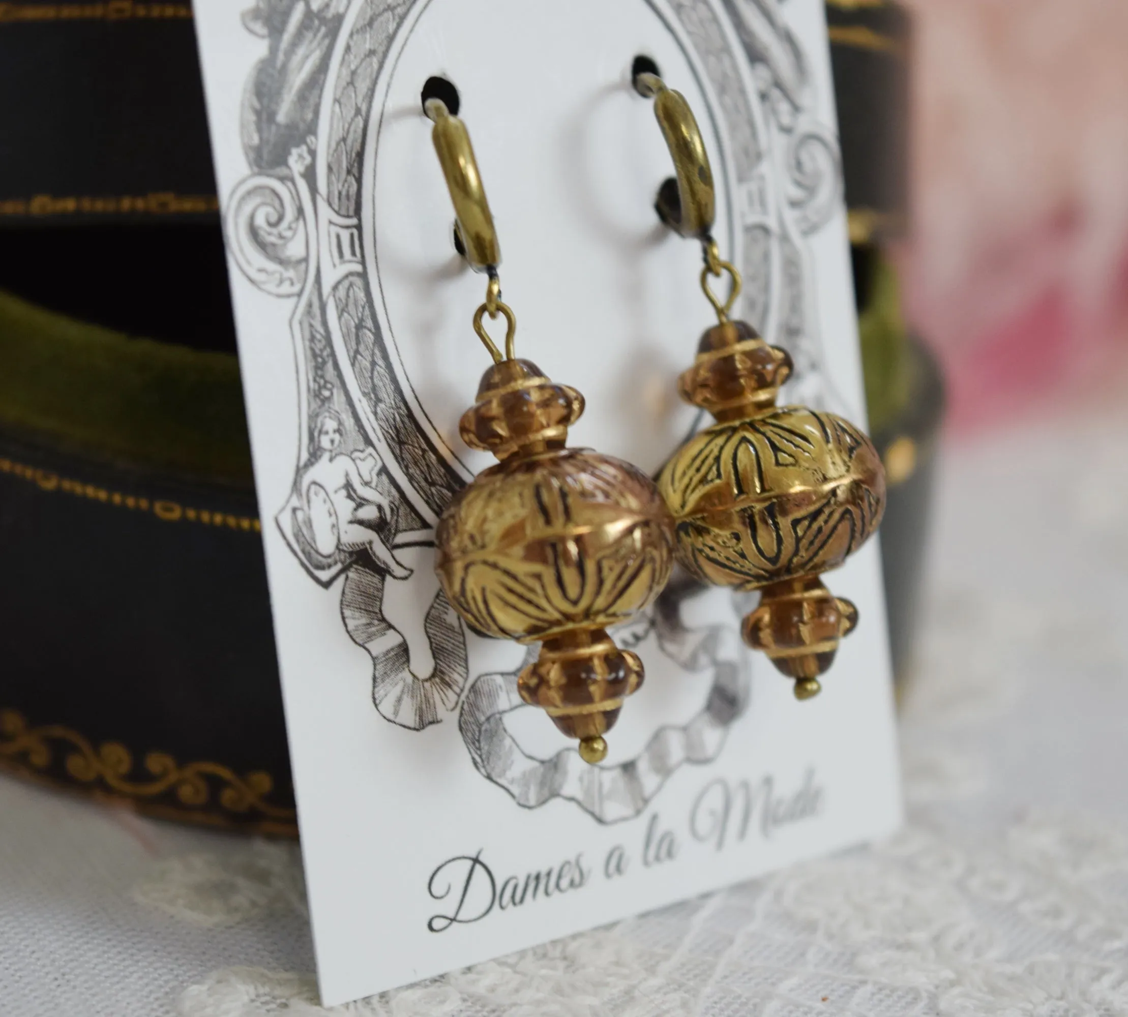 Dark Gold Beaded Dangle Earrings