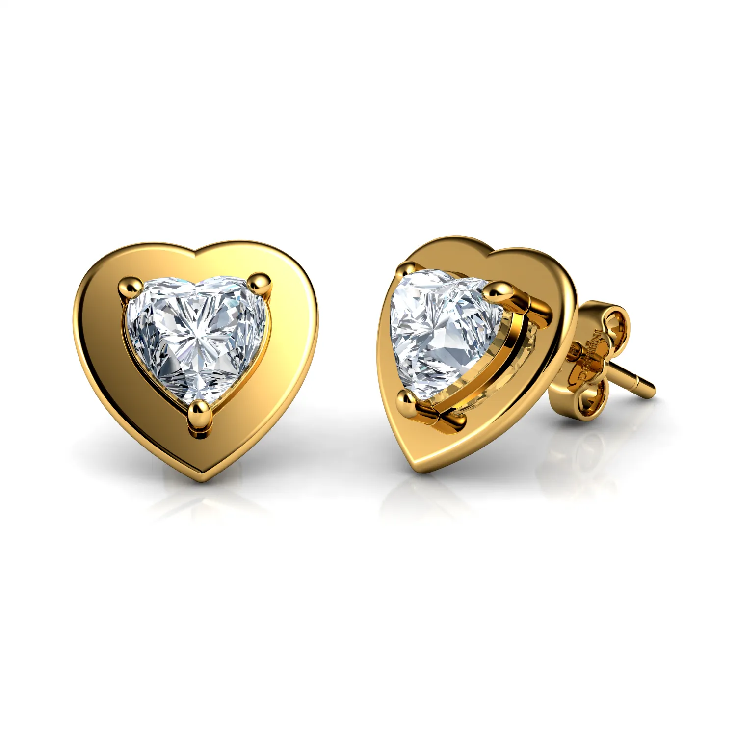 DEPHINI 14k Gold Earrings - Heart Studs CZ Crystals -  wooden box