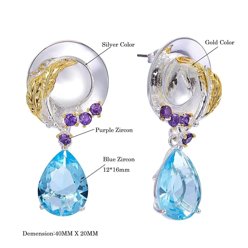 Designer Two-Tone Ocean Blue Water Drop Zircon Cruise Island Earrings