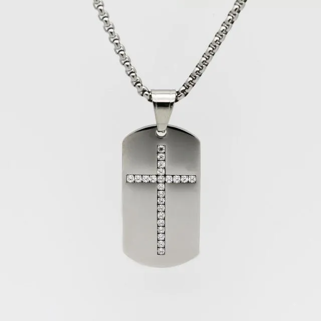 Dog Tag Shape CZ Cross Pendant Religious Necklace