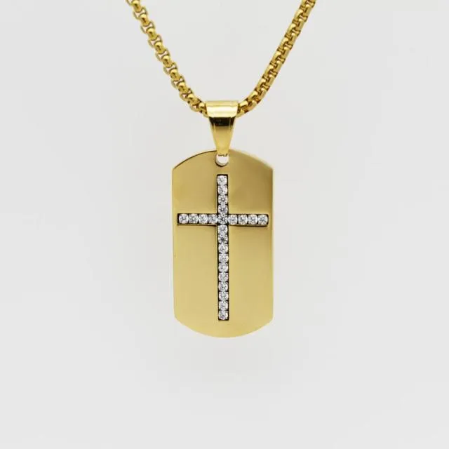 Dog Tag Shape CZ Cross Pendant Religious Necklace