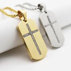 Dog Tag Shape CZ Cross Pendant Religious Necklace