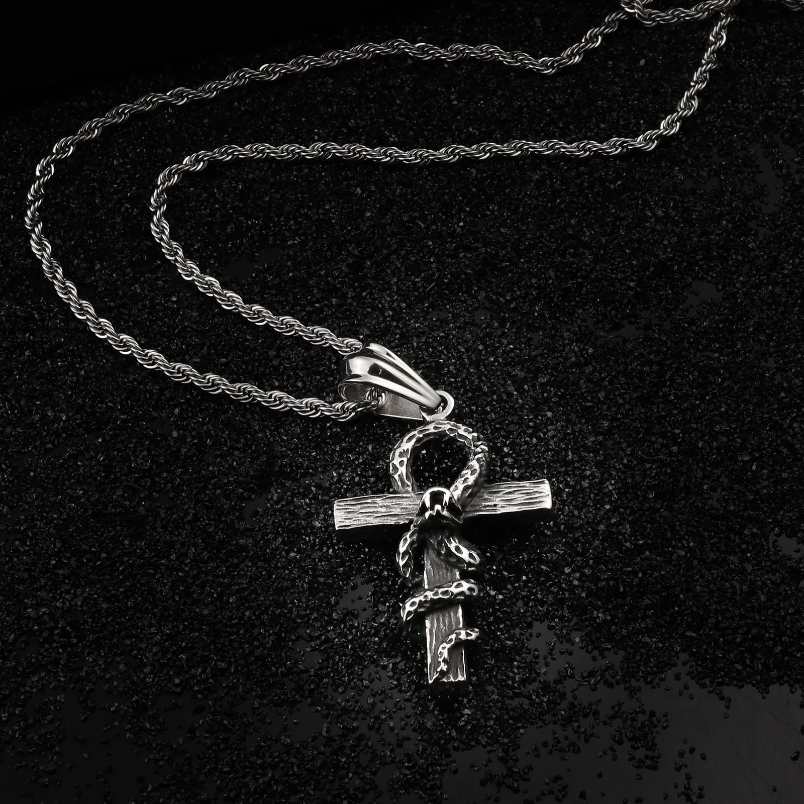 Egyptian Ankh with Snake Pendant Chain Necklace