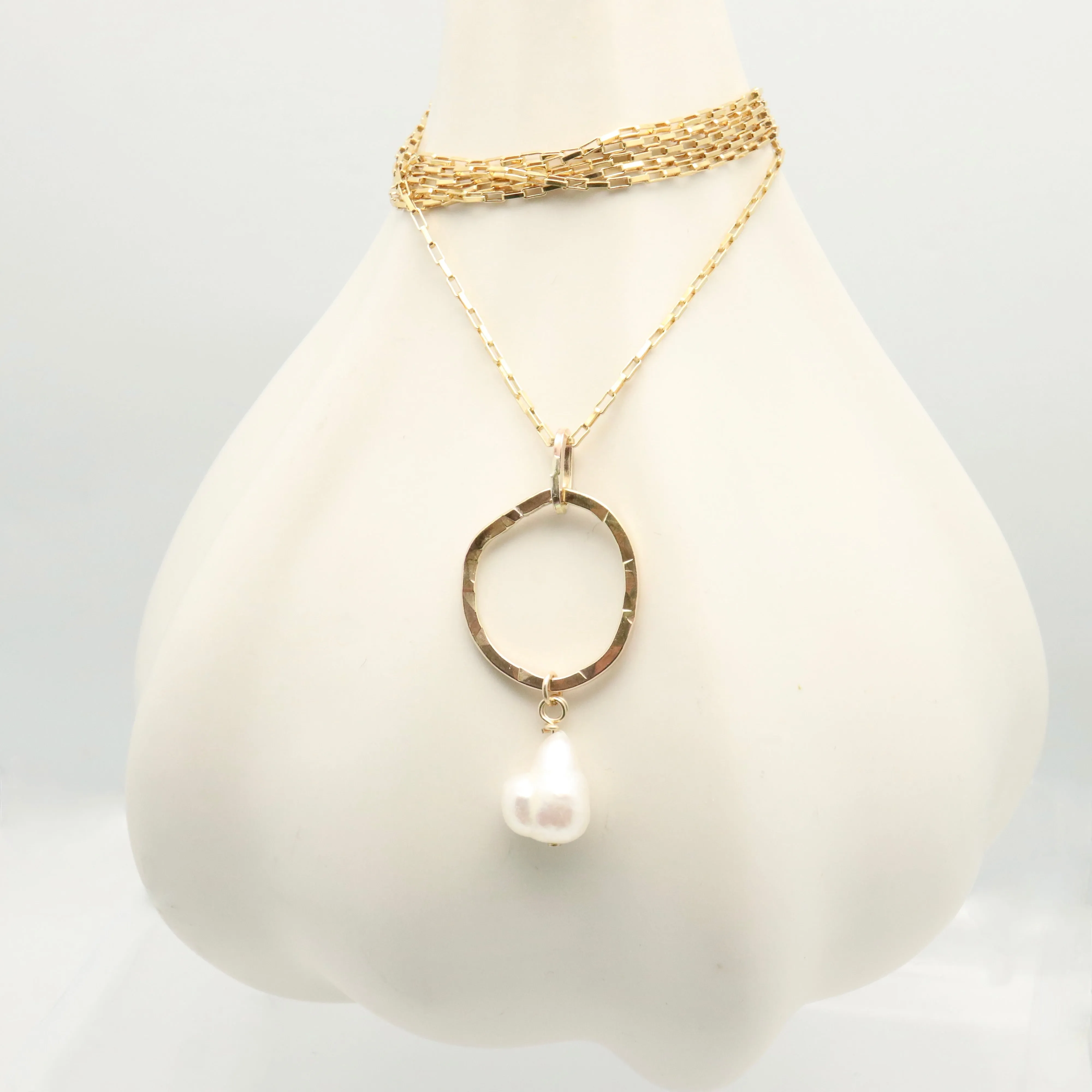 Ellipse Collection:  Bold Gold Ellipse Long Necklace & Keshi Pearl