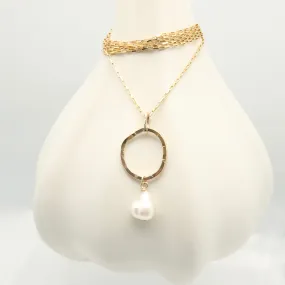 Ellipse Collection:  Bold Gold Ellipse Long Necklace & Keshi Pearl