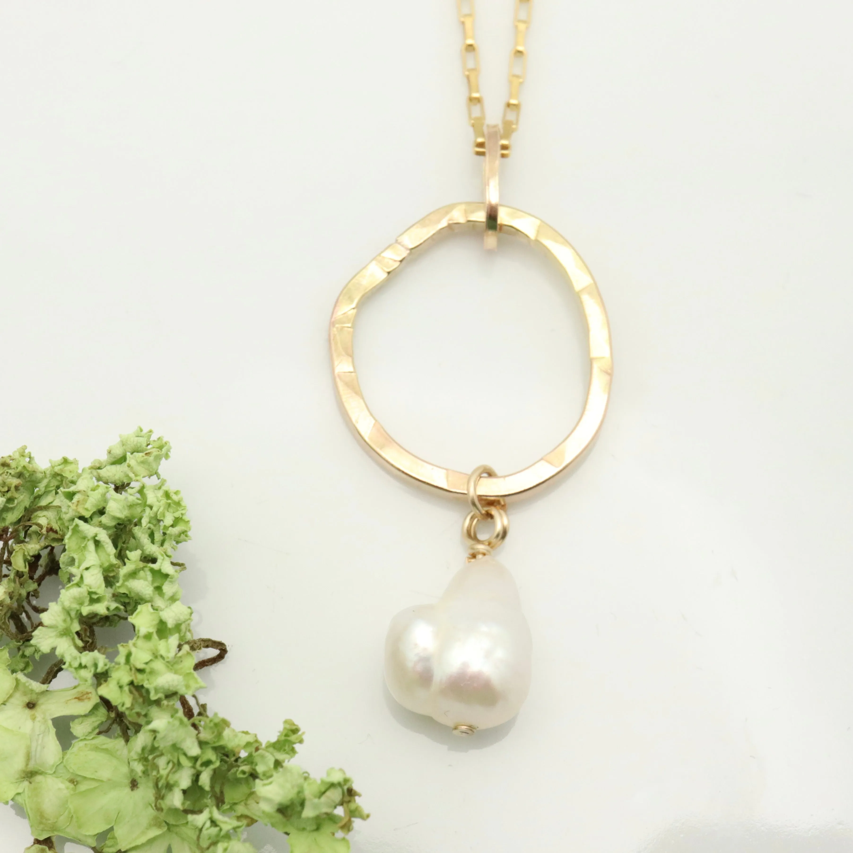 Ellipse Collection:  Bold Gold Ellipse Long Necklace & Keshi Pearl