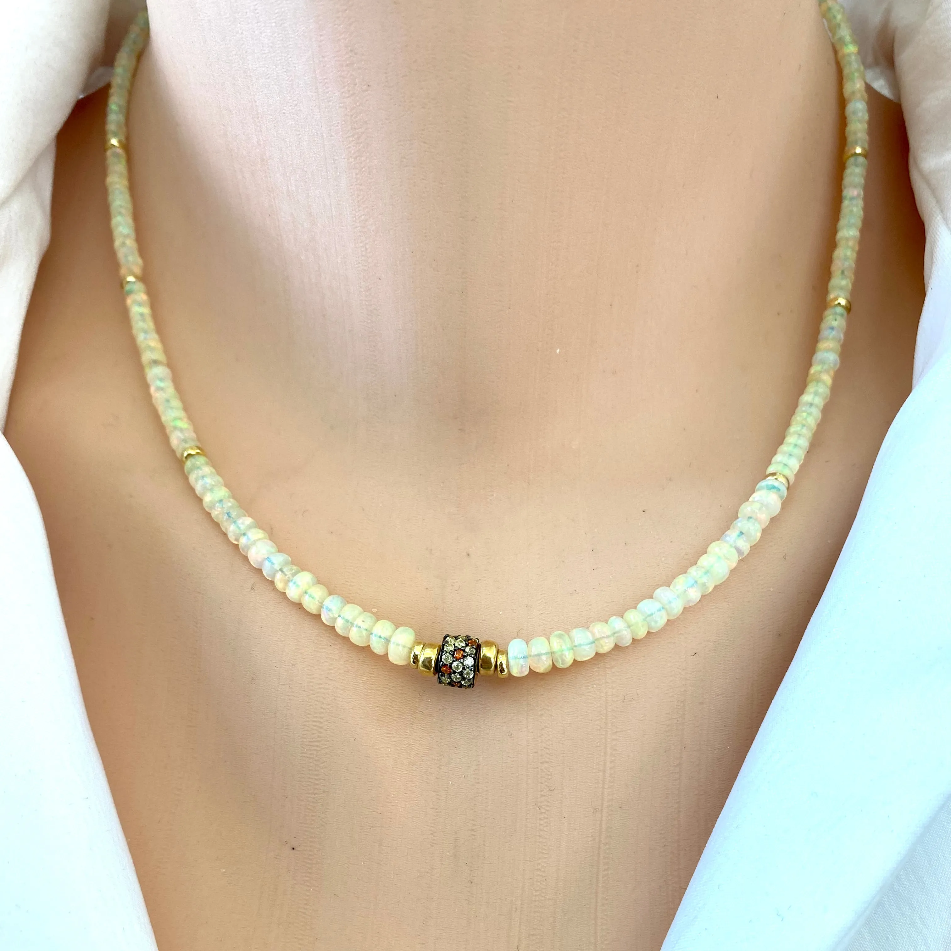 Ethiopian Opal Necklace. Multi Sapphire Pave Accent & Vermeil Details, 17.5in, October Birthstone