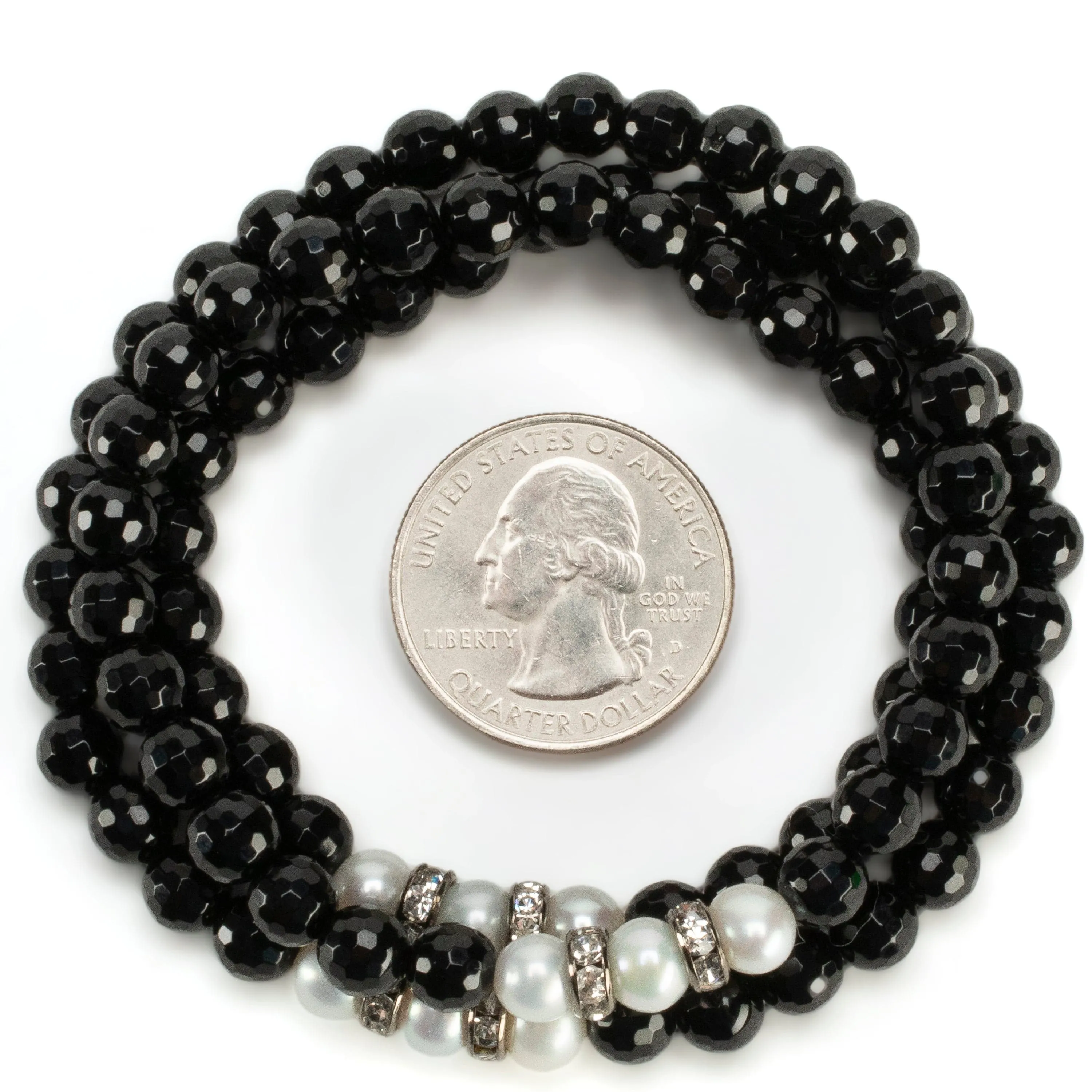 Faceted Black Agate 6mm Beads with Pearl & Silver Accent Beads Triple Wrap Elastic Gemstone Bracelet