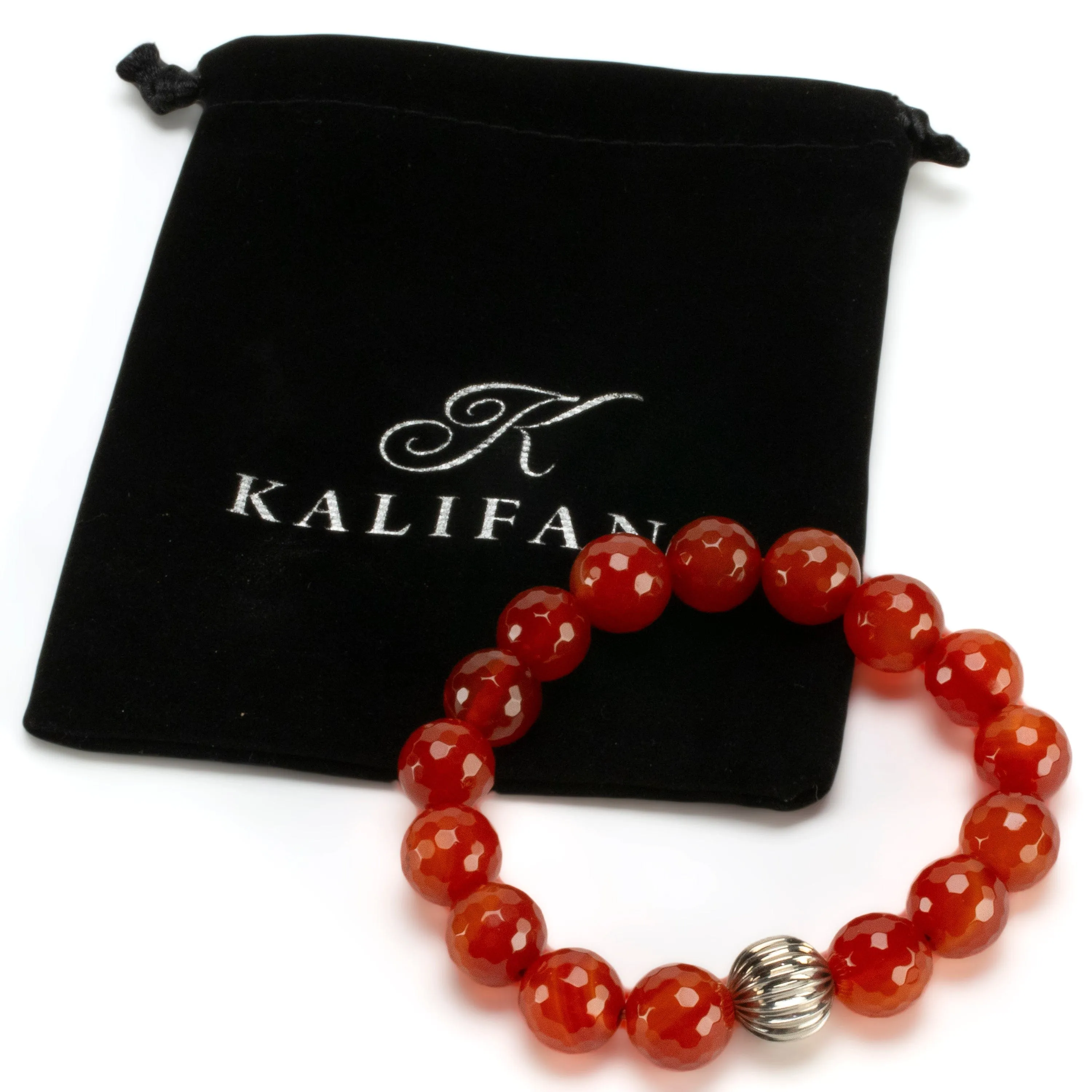 Faceted Carnelian 12mm Gemstone Elastic Bracelet with Silver Accent Bead