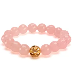 Faceted Rose Quartz 12mm Gemstone Bead Elastic Bracelet with Gold Accent Bead