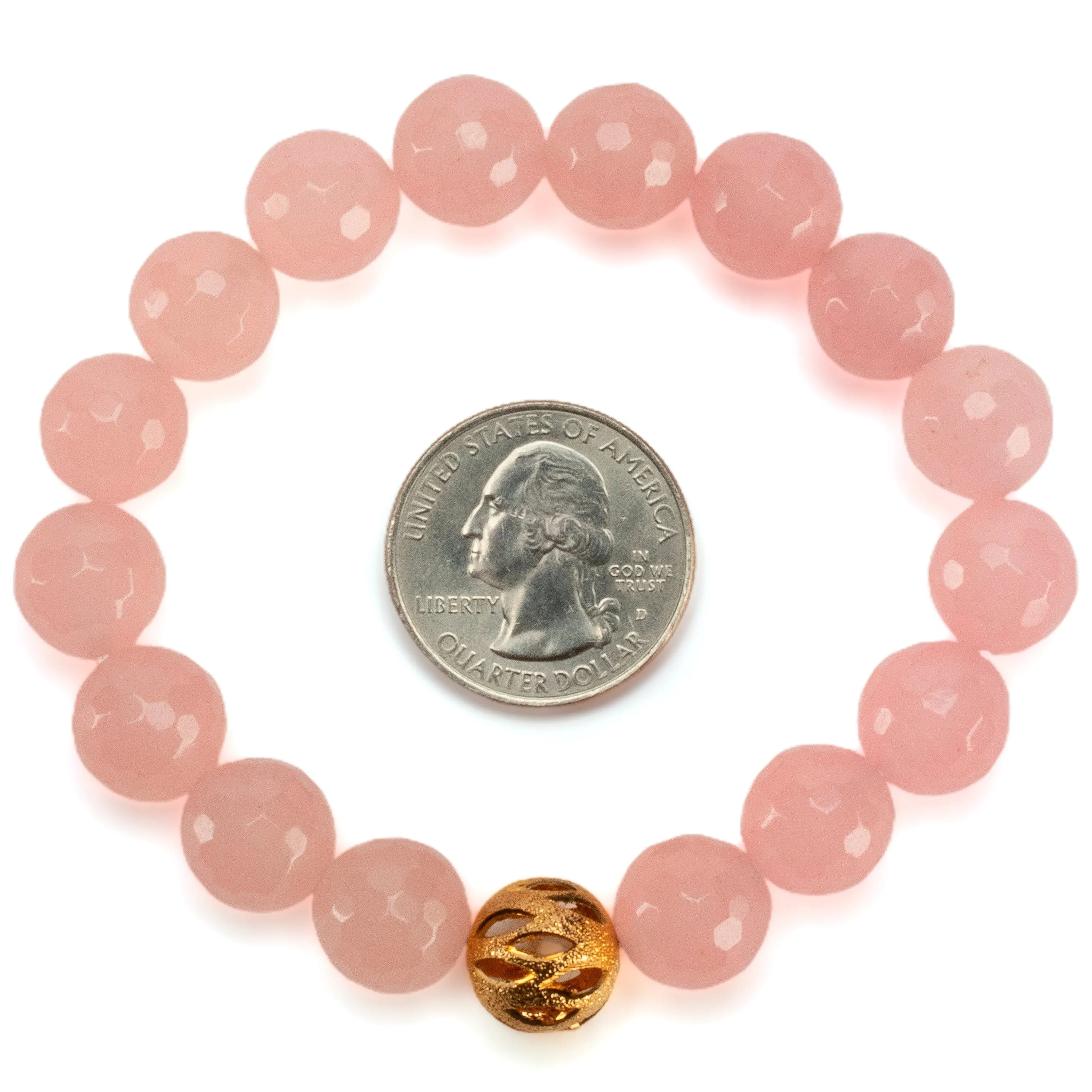 Faceted Rose Quartz 12mm Gemstone Bead Elastic Bracelet with Gold Accent Bead