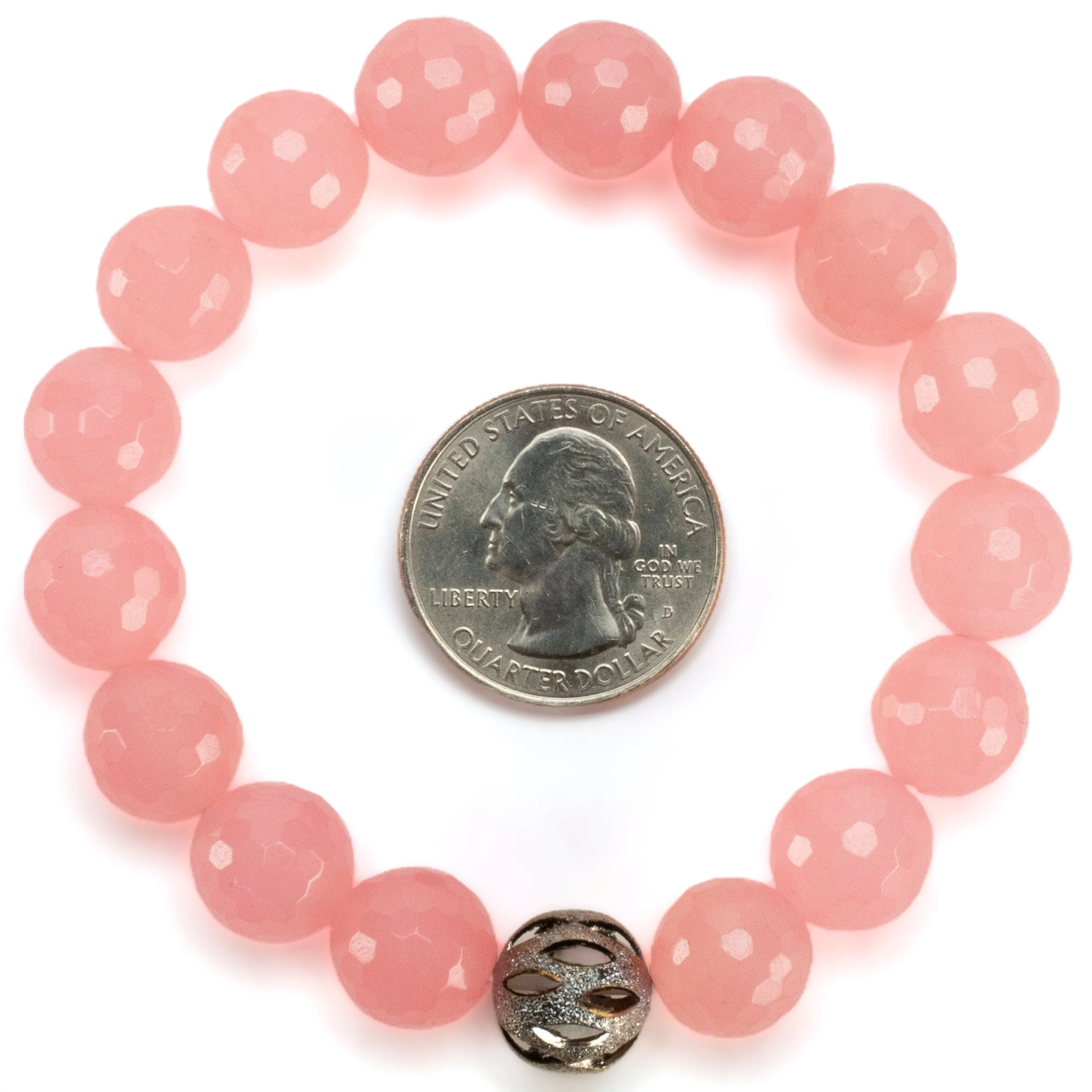 Faceted Rose Quartz 12mm Gemstone Bead Elastic Bracelet with Silver Accent Bead