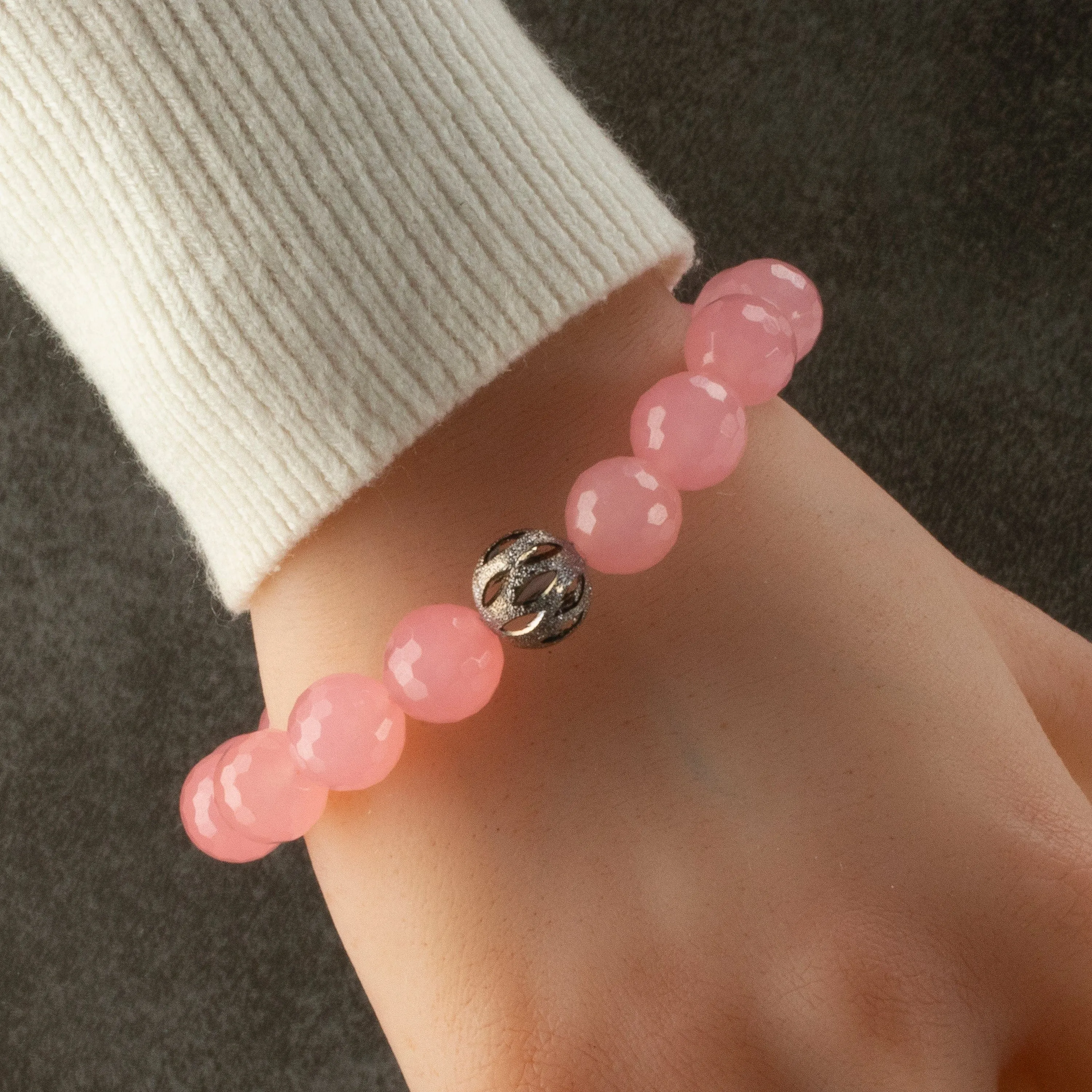 Faceted Rose Quartz 12mm Gemstone Bead Elastic Bracelet with Silver Accent Bead