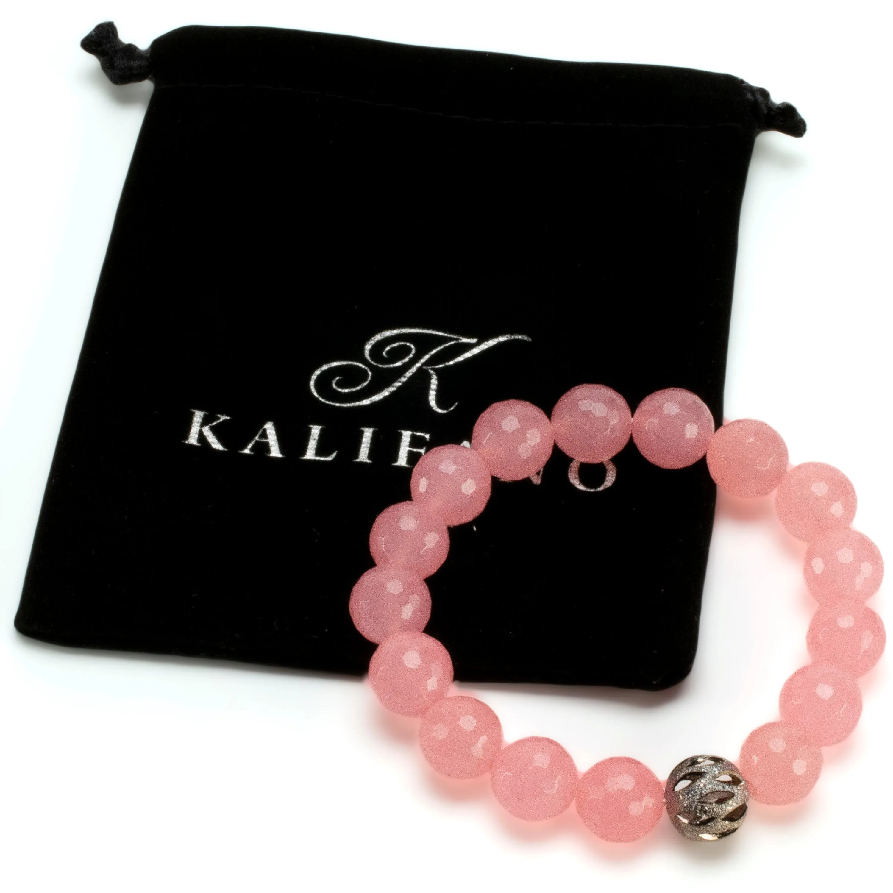 Faceted Rose Quartz 12mm Gemstone Bead Elastic Bracelet with Silver Accent Bead