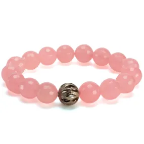 Faceted Rose Quartz 12mm Gemstone Bead Elastic Bracelet with Silver Accent Bead