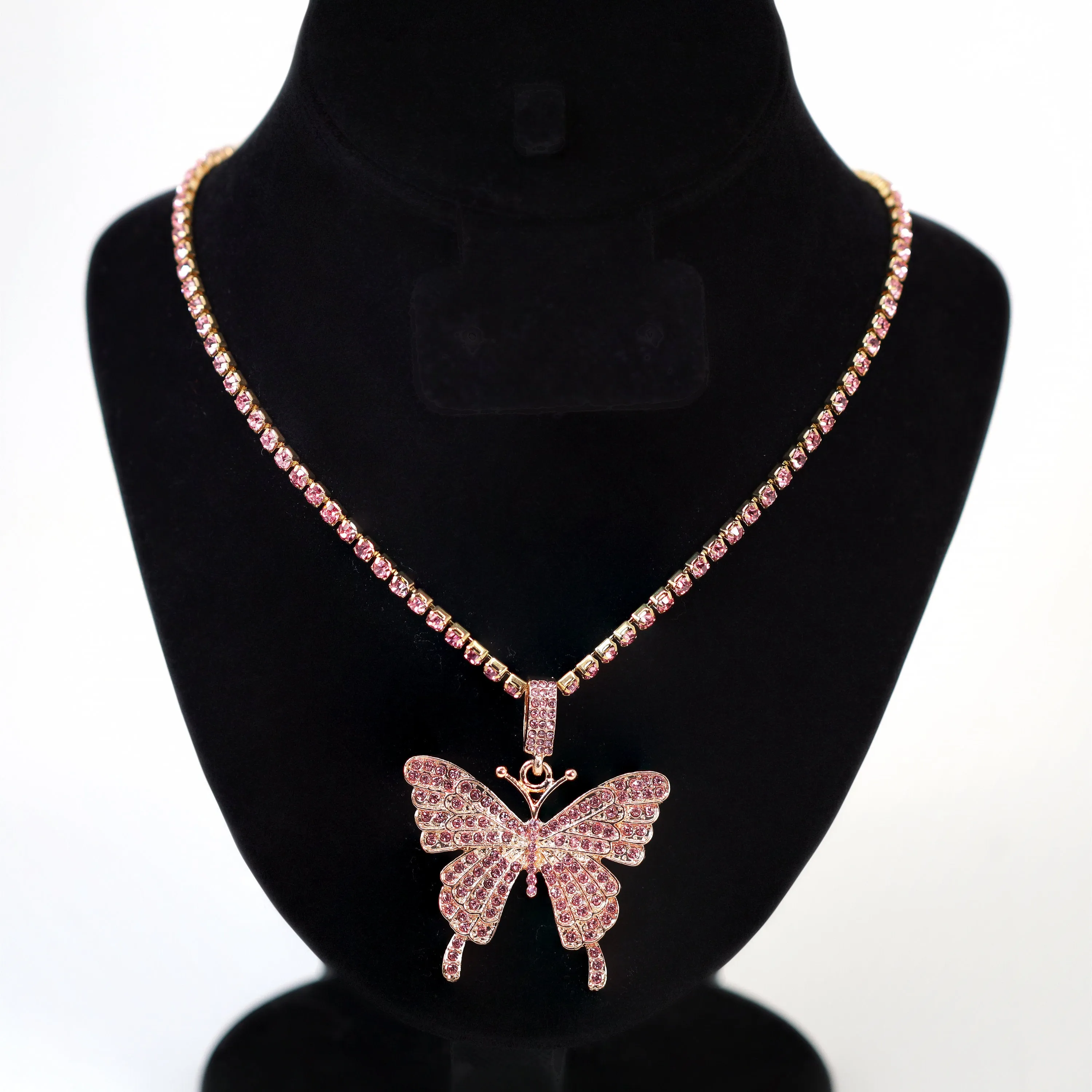 Gold Pink Rhinestone Butterfly Necklace Butterfly Drop Necklace  Minimalist  Gold Butterfly  Necklace