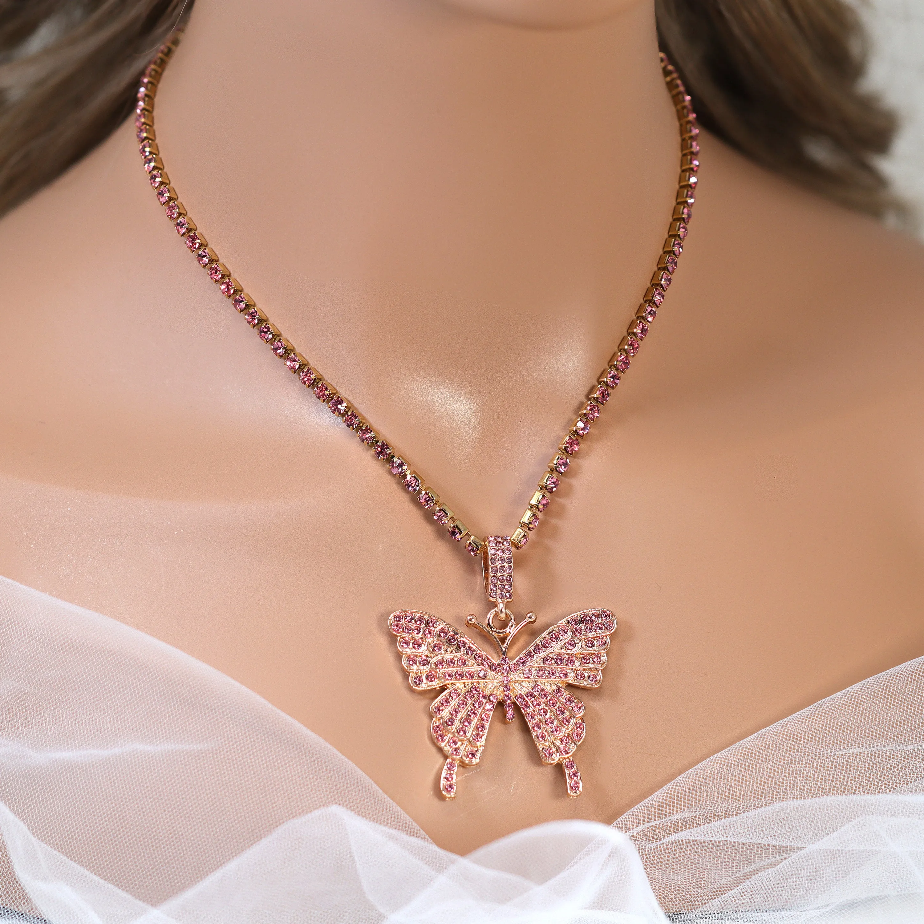 Gold Pink Rhinestone Butterfly Necklace Butterfly Drop Necklace  Minimalist  Gold Butterfly  Necklace