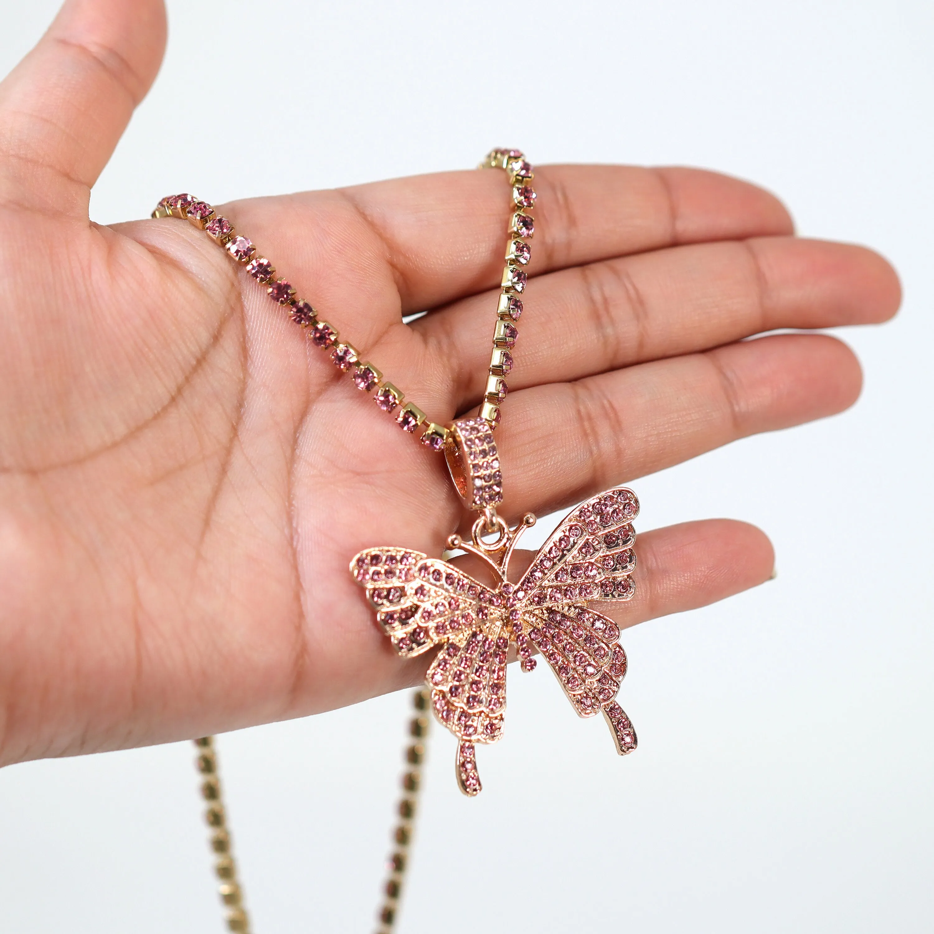 Gold Pink Rhinestone Butterfly Necklace Butterfly Drop Necklace  Minimalist  Gold Butterfly  Necklace