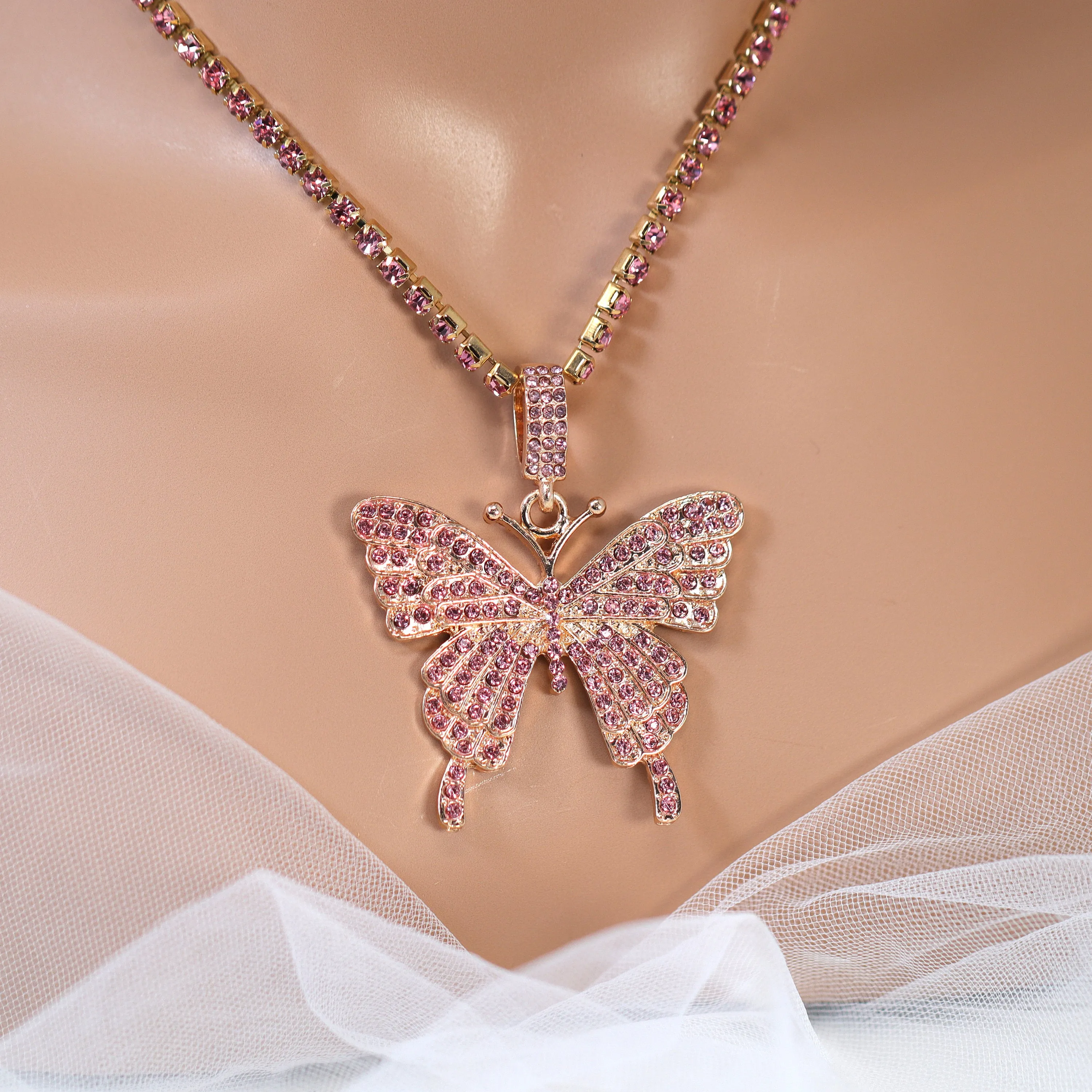 Gold Pink Rhinestone Butterfly Necklace Butterfly Drop Necklace  Minimalist  Gold Butterfly  Necklace