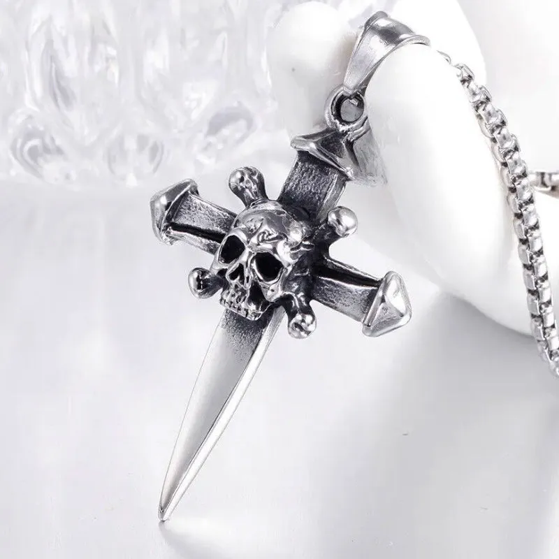 Gothic Stainless Steel Skull Cross Pendant and Chain Necklace