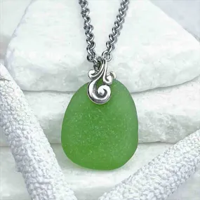 Graceful Oval-Shaped Green Sea Glass Pendant with Sterling Silver Ocean Waves Bail | #1744