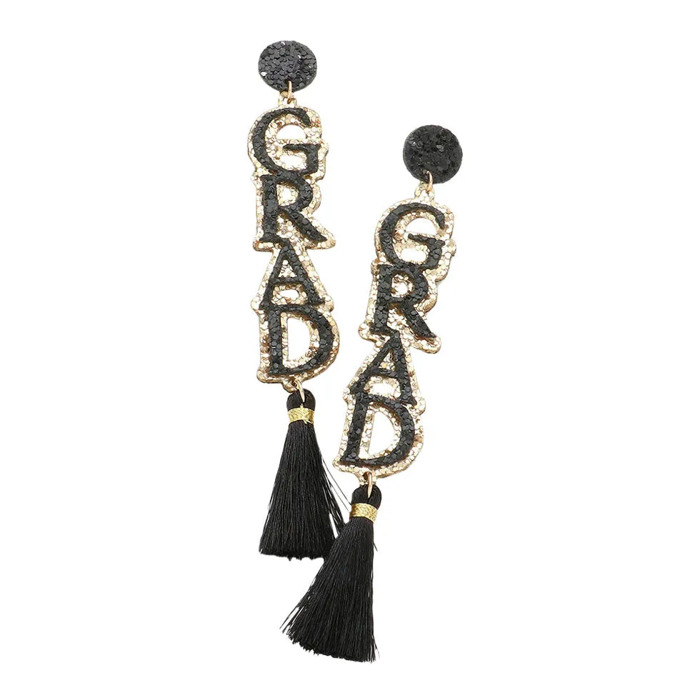 GRAD Glittered Message Tassel Link Dangle Earrings