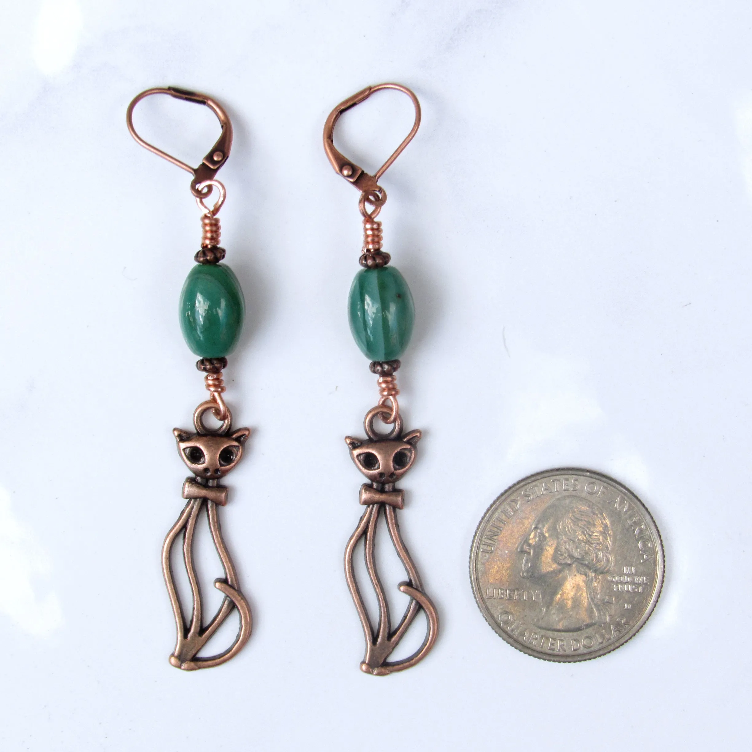 Green Agate gemstone and Copper Kitty Cat Drop Earrings