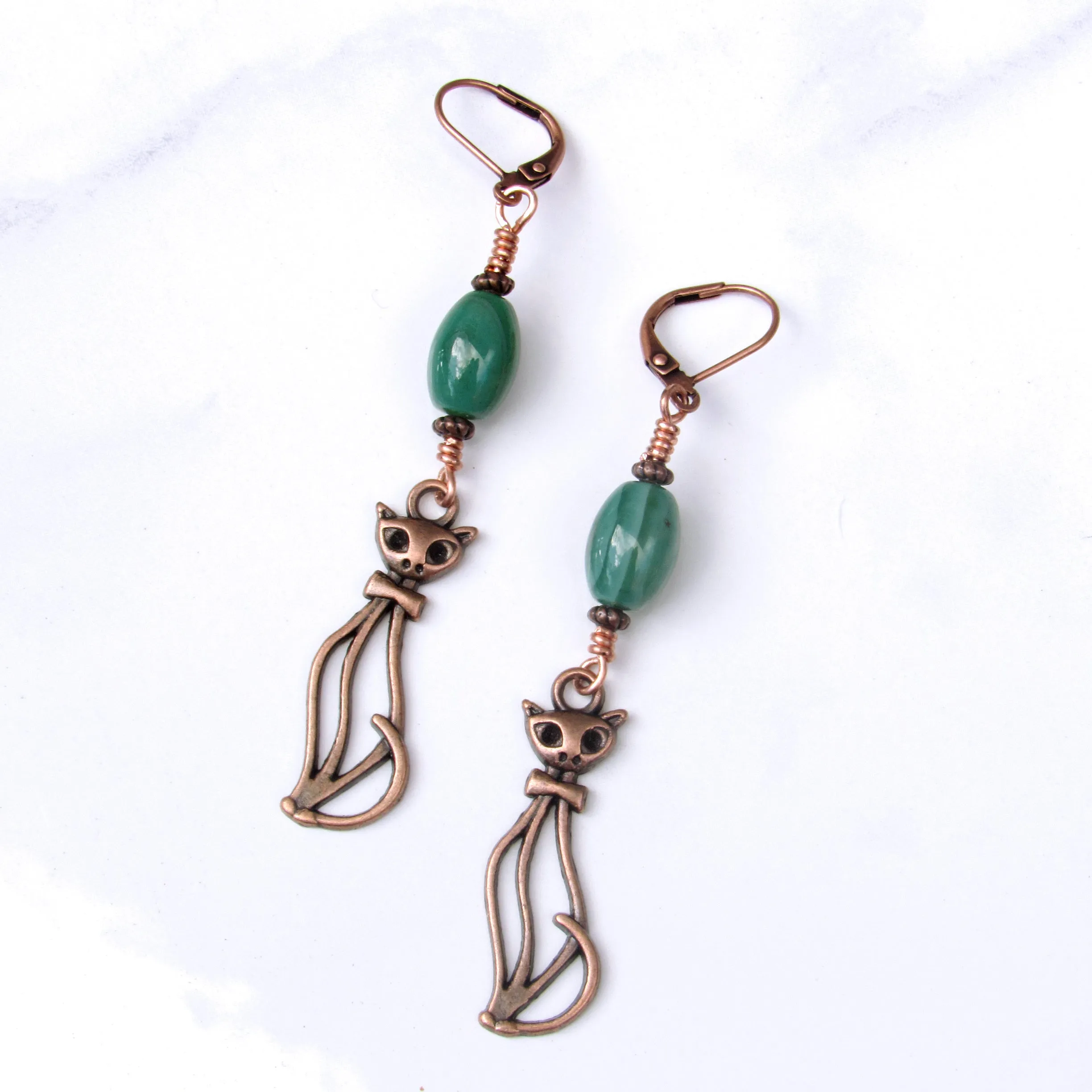 Green Agate gemstone and Copper Kitty Cat Drop Earrings