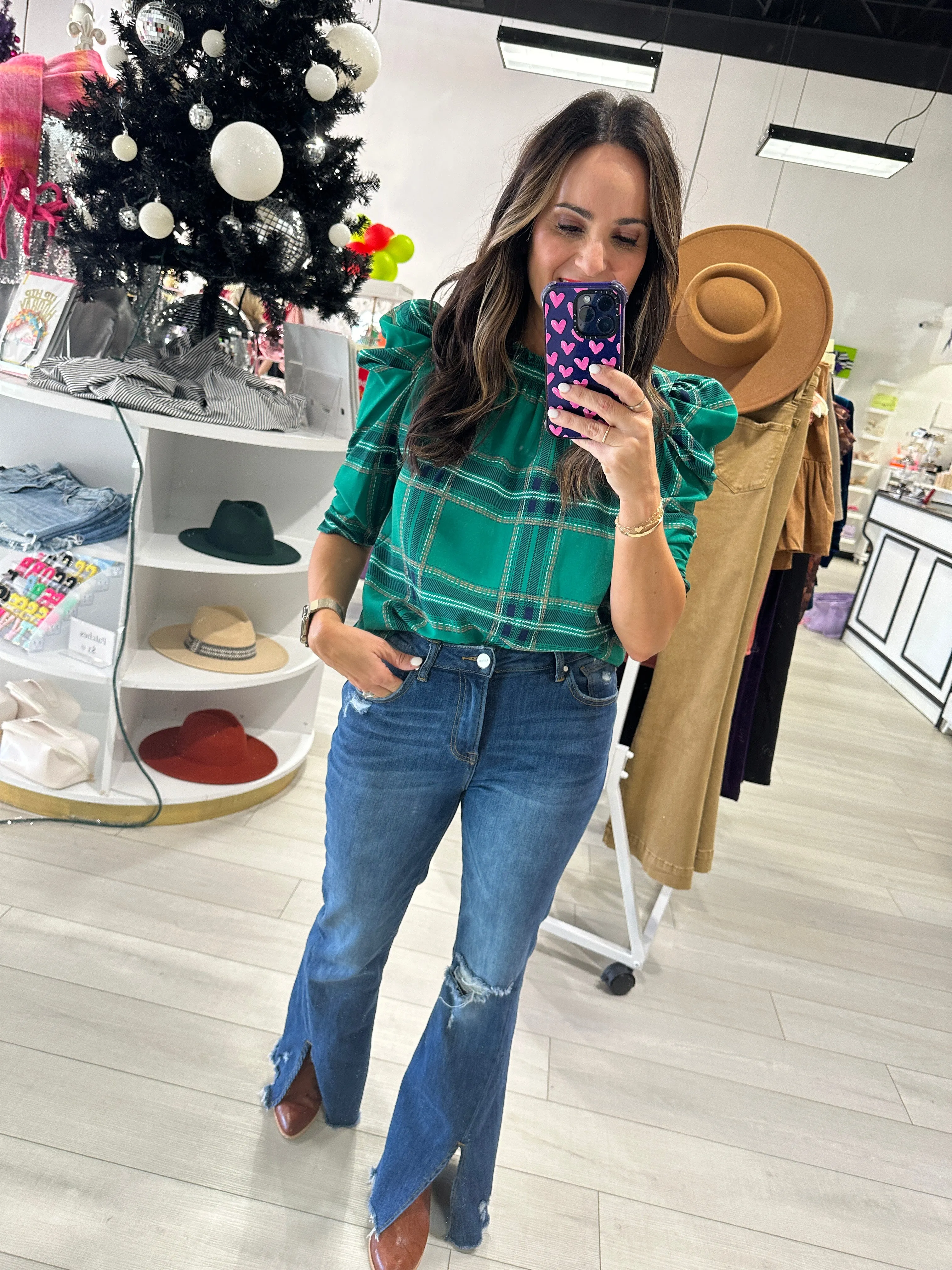 Green Woodland Plaid Top