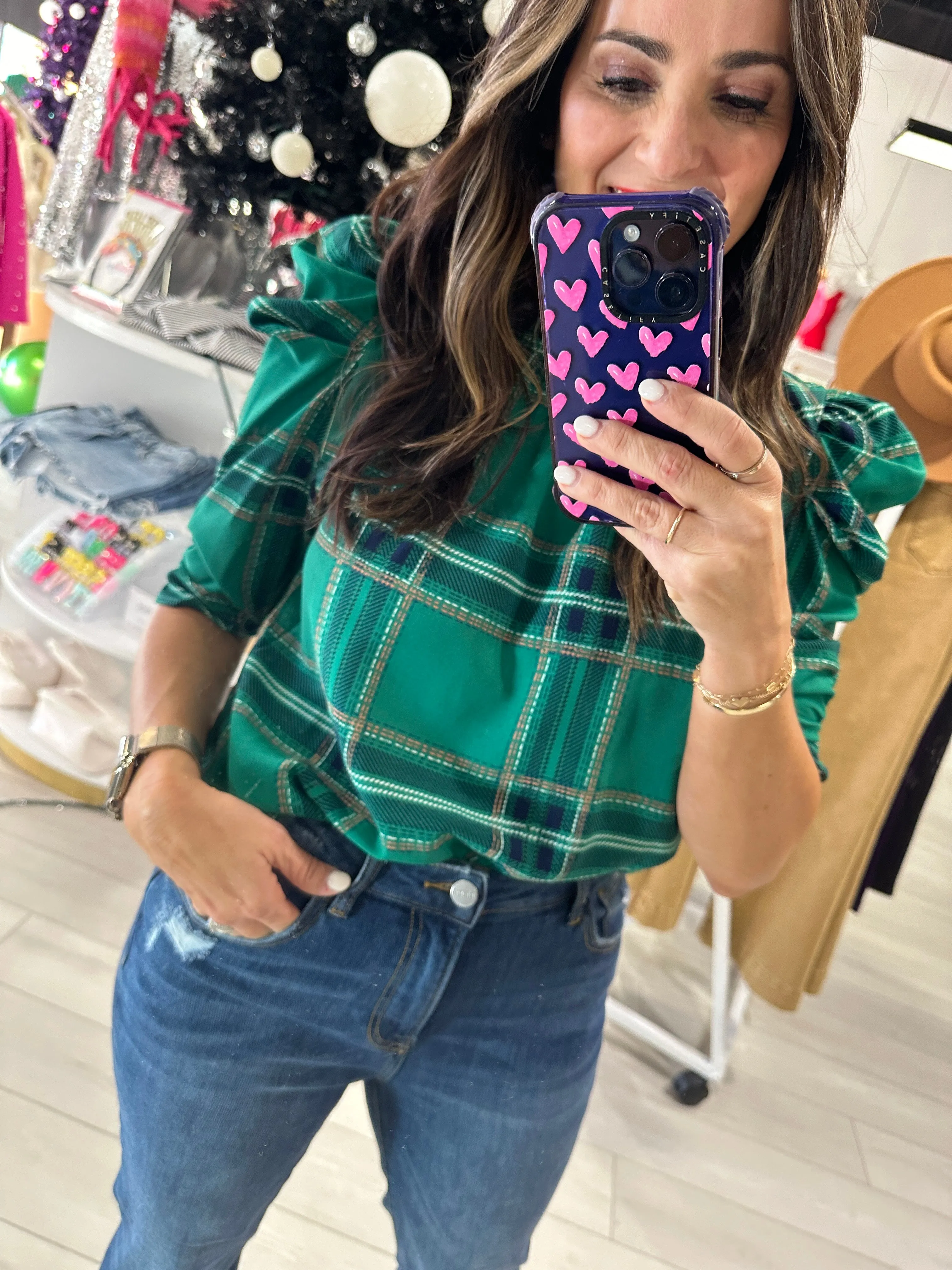 Green Woodland Plaid Top