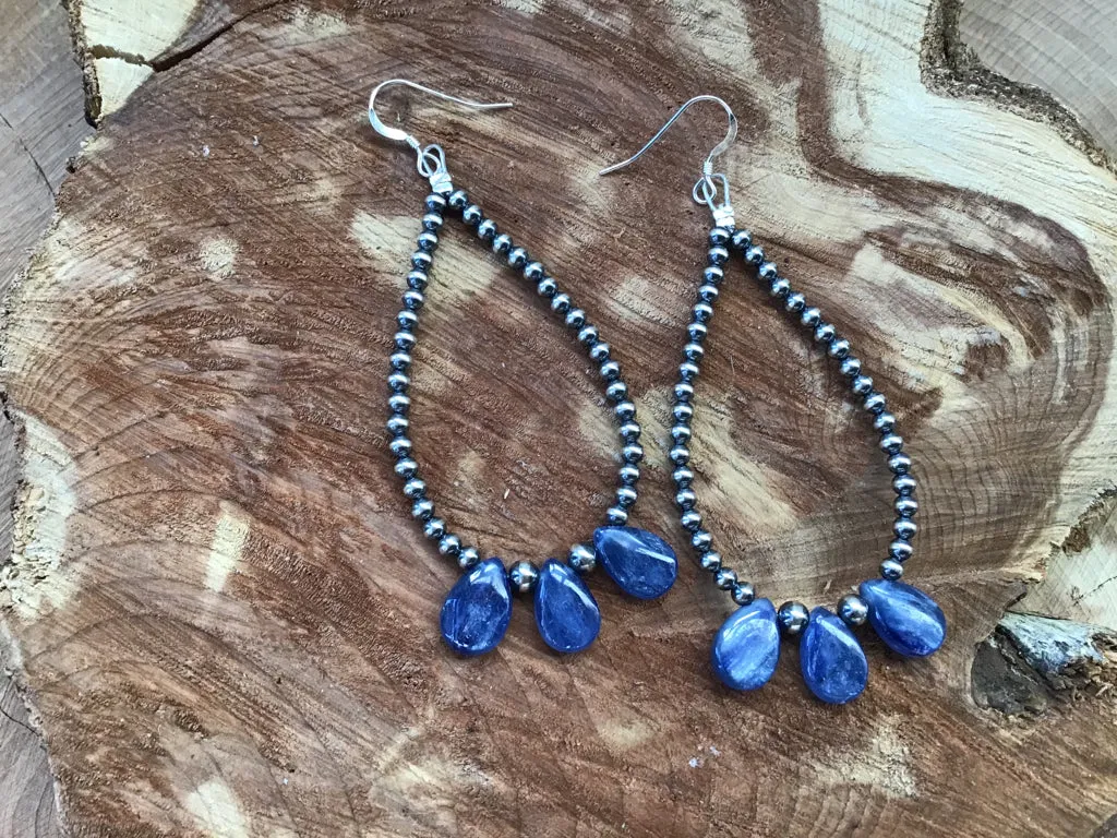 Handcrafted Kyanite and Navajo Pearl Sterling Silver Earrings - Artisan Jewelry