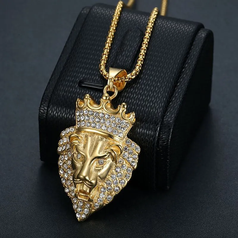 Hip Hop Titanium Steel Plated Crown Lion Head Zircon Pendant