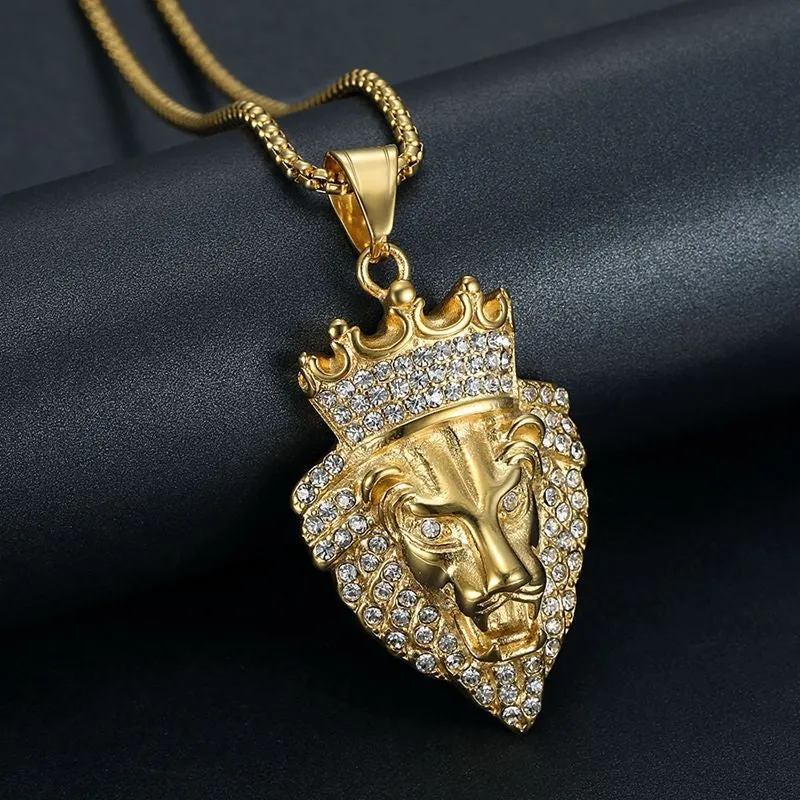 Hip Hop Titanium Steel Plated Crown Lion Head Zircon Pendant